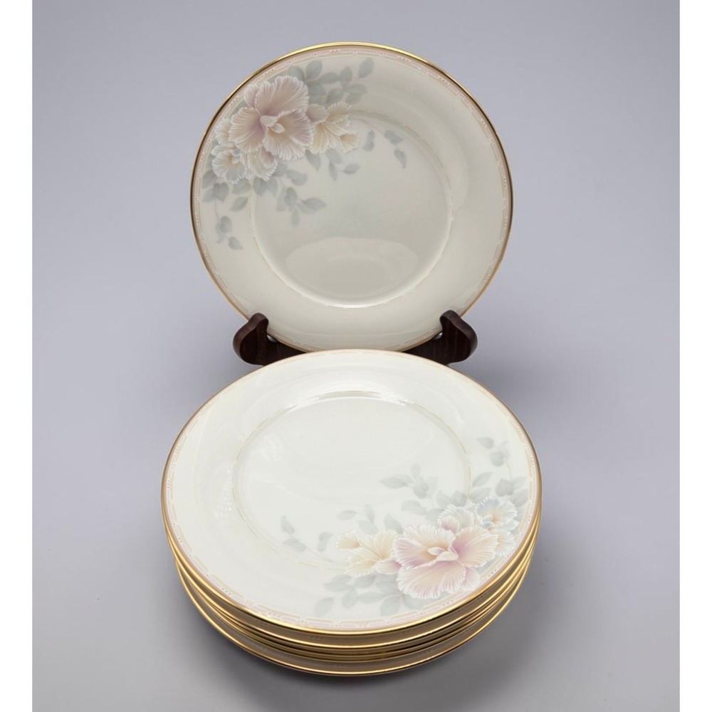 Set Of 6 Noritake Sweet Surprise Salad Plates #7702 Iris Floral Gold Rim MINT!